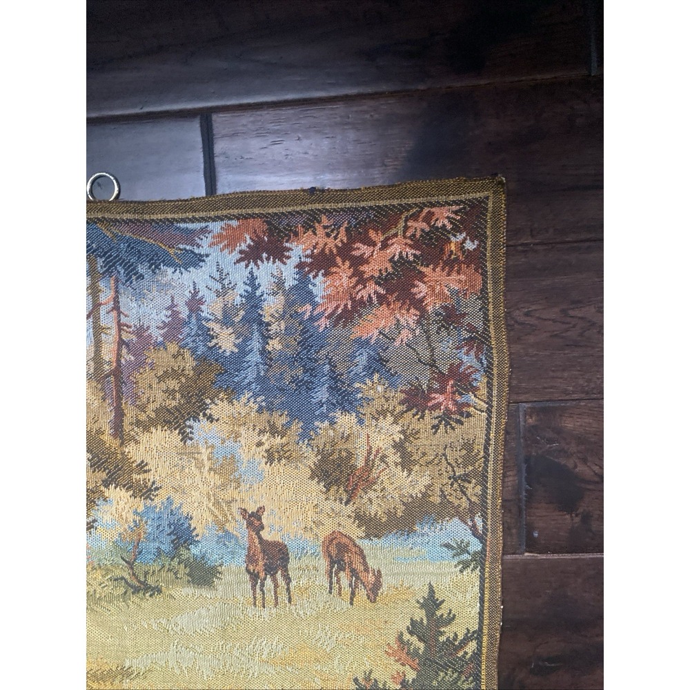 Vintage Deer Forrest Cabin Wall Hanging Tapestry 53 x 25" Hunting Scene - Picture 14 of 16